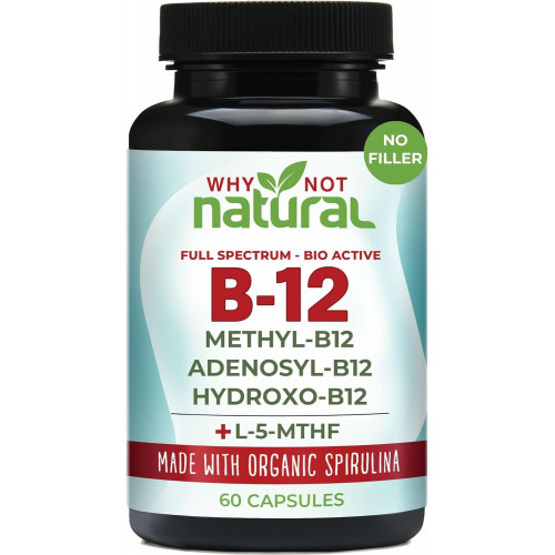 Чому б не? Натуральний вітамін B12 5000 мкг Доповнення з метилкобаламіном, аденозилкобаламіном і комплексом гідрокси B12 з метилфолатом 1000 мкг, L-5-MTHF, виготовлене з органічної спіруліни