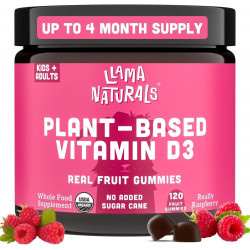 Llama Naturals Real Fruit Вітамін D3 Gummies Kids & Adults; Без додавання цукрової тростини, органічний вітамін D, веганський, 200% DV кожен; (120 CT, 60-120 днів, малиновий)