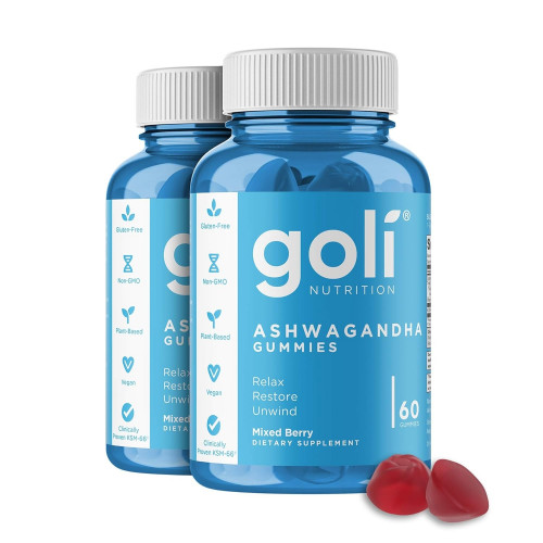 Goli Ashwagandha & Vitamin D Gummy 120 Count - Relax. Відновлення. Розслабтеся. (Змішані ягоди, KSM-66, веганські, на рослинній основі, без ГМО, без глютену та желатину), упаковка з 2 шт.