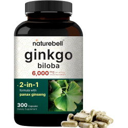 NatureBell Ginkgo Biloba 6000 мг з женьшенем 500 мг на порцію | 300 капсул – добавки з екстрактом гінко білоба максимальної сили – покращують пам’ять, концентрацію та здоров’я мозку