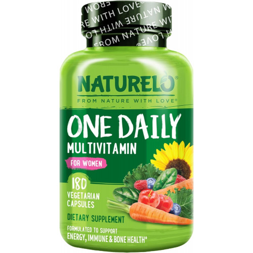 NATURELO One Daily Multivitamin для женщин — энергетическая поддержка — цельная пищевая добавка для питания волос, кожи и ногтей — без ГМО — без сои — без глютена — 180 капсул