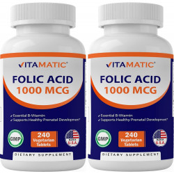 Vitamatic Folic Acid 1000 мкг (1 мг) - Вегетаріанські таблетки - 1667 мкг DFE - Вітамін B9 (240 штук (упаковка по 2))