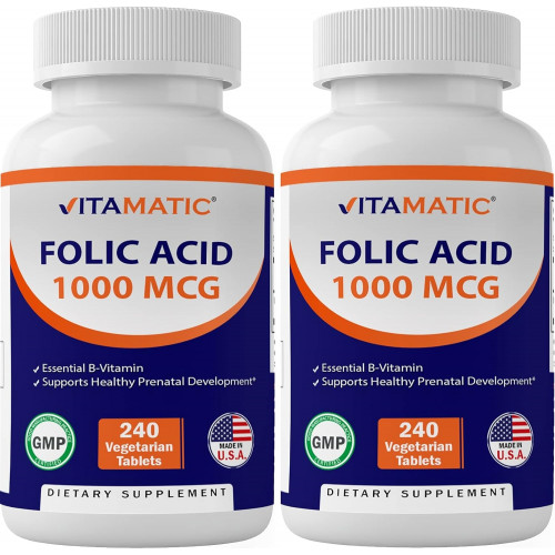 Vitamatic Folic Acid 1000 мкг (1 мг) - Вегетаріанські таблетки - 1667 мкг DFE - Вітамін B9 (240 штук (упаковка по 2))