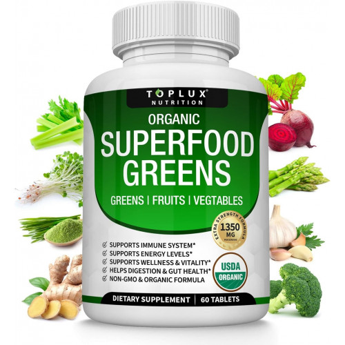 Organic Super Greens Capsules Superfood Fruit Veggie Supplement - 28 потужних природних інгредієнтів з люцерною, коренем буряка, терпкою вишнею та імбиром для підтримки імунітету та енергії, для чоловіків, жінок, 60 таблеток