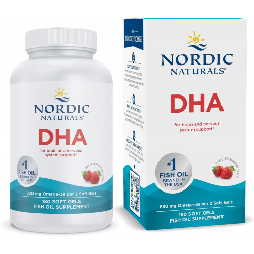 Nordic Naturals DHA, клубника — 180 мягких таблеток — 830 мг омега-3 — высокоинтенсивная формула DHA для поддержки мозга и нервной системы — без ГМО — 90 порций