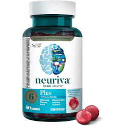 NEURIVA Plus Brain Supplement для пам’яті, зосередженості та концентрації+когнітивних функцій з вітамінами B6 і B12 і клінічно перевіреними ноотропами, фосфатидилсерином і нейрофактором, 50 каратними полуничними цукерками