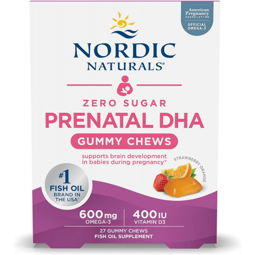 Nordic Naturals Zero Sugar DHA Prenatal Vitamin Gummies, Strawberry Orange Flavor - 27 Gummies - Добавки для вагітності - 600 мг омега-3 риб'ячого жиру та 400 МО вітаміну D3-27 порцій