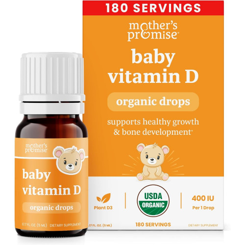 Mother's Promise Organic Baby Vitamin D Drops | 100% рослинний | Здоровий ріст і розвиток кісток | Вік Новонароджений+ | 180 порцій | Дитячий вітамін D3 рідкий для немовлят і малюків | 400 МО для дітей