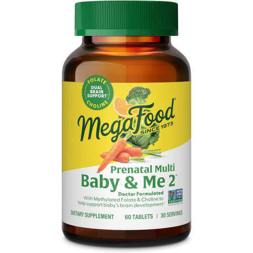 MegaFood Baby & Me 2 Пренатальные витамины и минералы — витамины для женщин — с фолатом (природная форма фолиевой кислоты), холином, железом, йодом, витамином С, витамином D и другими — 60 таблеток (30 порций)