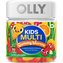 Мультивитаминные жевательные черви OLLY Kids, общее состояние здоровья и поддержка иммунитета, витамины и минералы A, C, D, E, Bs и цинк, жевательная добавка, кислый фруктовый пунш, запас на 45 дней (70 шт.)