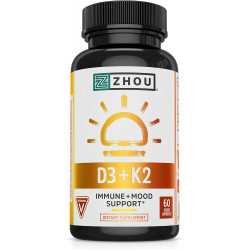 Zhou Nutrition Витамин D3 K2, формула для здоровья костей и сердца 5000 МЕ витамина D3 и 90 мкг витамина K2, максимальная сила 2 в 1 для поддержки иммунитета и усвоения кальция, без глютена, 60 шт.