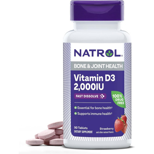 Natrol Fast Dissolve Vitamin D3 2000 МО, дієтична добавка для здоров’я кісток і суглобів, добавка для підтримки кісток, 90 таблеток, запас на 90 днів