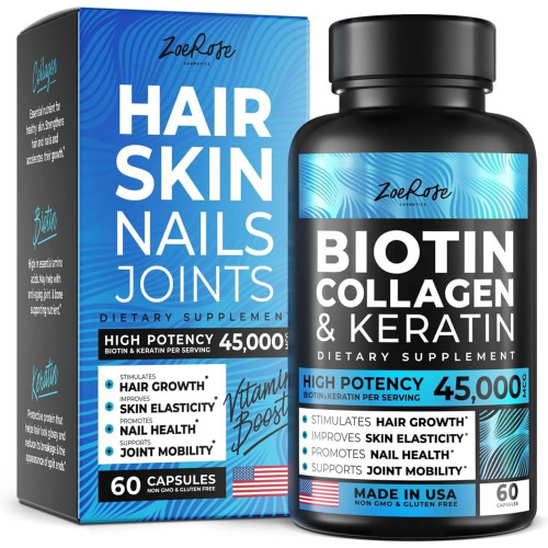 ZoeRose Biotin Collagen & Keratin Capsules - Вітаміни для волосся, шкіри та нігтів, колагенові добавки для росту волосся та підтримки рухливості суглобів з вітамінами A, D, B6 та B12 - Зроблено в США - 60 капсул