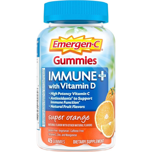 Emergen-C Immune+ Immune Gummies, вітамін D плюс 750 мг вітаміну C, дієтична добавка для підтримки імунітету, без кофеїну, без глютену, зі смаком суперапельсина - 45 шт.