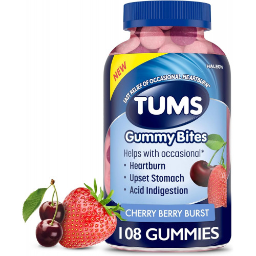 Пищевая добавка TUMS Gummy Bites для облегчения периодической изжоги, расстройства желудка и кислотного расстройства желудка, отлично подходит для летнего барбекю — Cherry Berry Burst — 108 штук