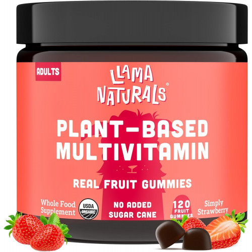 Llama Naturals Real Fruit Gummy Вітаміни для дорослих, без додавання цукрової тростини, повноцінні харчові полівітамінні цукерки для жінок і чоловіків, веганські, органічні, на рослинній основі, для жування, 120 штук (30-денний запас) полуниця