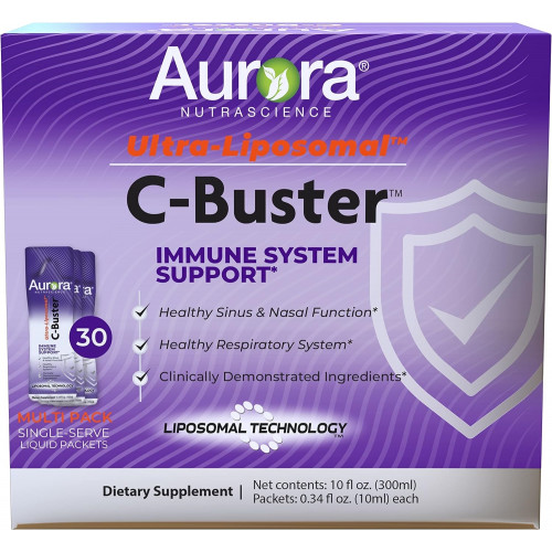 Aurora Nutrascience Ultra Liposomal C-Buster Immune System Support, вітамін С, вітамін D, цинк, бузина, пеларгонія, вітамін К і женьшень, 30 пакетів, 10 мл