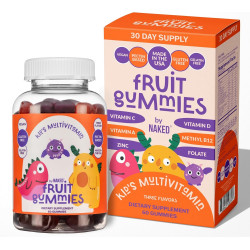 NAKED nutrition Kids Vitamin Gummies, зроблено в США, без ГМО, без глютену, без желатину, для веганів, дитячі вітаміни A, C, D, E, B6, B12, цинк, 3 фруктові смаки, 30-денний запас