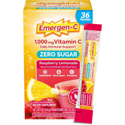 Emergen-C Zero Sugar 1000 мг порошка витамина С для ежедневной поддержки иммунитета Не содержащие кофеина Добавки витамина С с цинком и марганцем, витаминами группы В и электролитами, со вкусом малинового лимонада - 36 штук