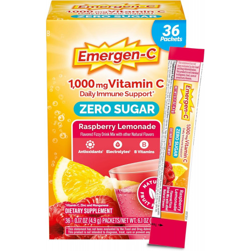 Emergen-C Zero Sugar 1000 мг вітаміну С в порошку для щоденної підтримки імунітету Безкофеїнові добавки вітаміну С з цинком і марганцем, вітамінами групи В та електролітами, смаком малинового лимонаду - 36 шт.