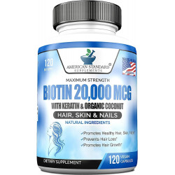 Біотин 20 000 мкг з кератином, органічний кокос і цинк, добавки для росту волосся, біотинові добавки, здорове волосся, шкіра та нігті для дорослих, без наповнювача, без стеарату, 120 веганських капсул, запас на 120 днів