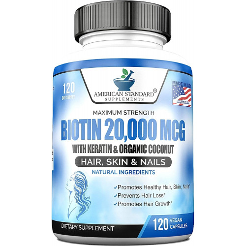 Біотин 20 000 мкг з кератином, органічний кокос і цинк, добавки для росту волосся, біотинові добавки, здорове волосся, шкіра та нігті для дорослих, без наповнювача, без стеарату, 120 веганських капсул, запас на 120 днів