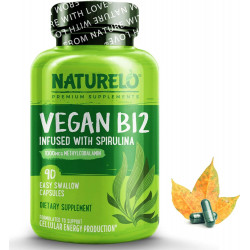 NATURELO Vegan B12 — Метил B12 с органической спирулиной — Высокоэффективный витамин B12, 1000 мкг метилкобаламина — Поддерживает здоровое настроение, энергию, здоровье сердца и глаз — 90 капсул