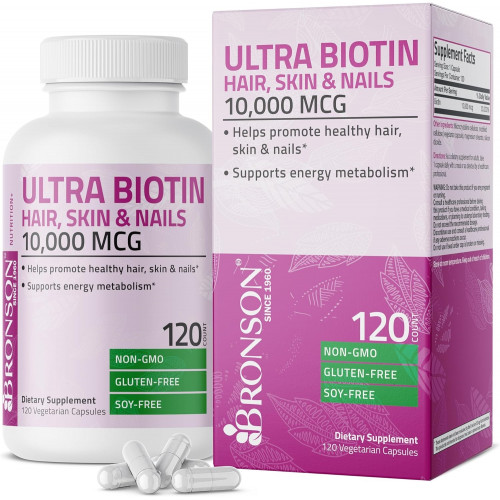 Bronson Ultra Biotin, 10 000 мкг, добавка для волос, кожи и ногтей, без ГМО, 120 вегетарианских капсул