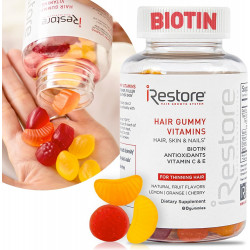 Irestore Biotin Plamies с витаминами для здоровой кожи волос и ногтей | Фруктовый вкус природы, отличный вкус | Веганский жевательный рост волос Gummy для женщин и мужчин | Не-ГМО 5000 мкг