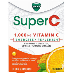 Дневная пищевая добавка Vicks Super C Energize + Replenish с витамином C, витаминами группы B, экстрактами зеленого чая, женьшеня и куркумы для пополнения запасов необходимых витаминов*, 28 капсул