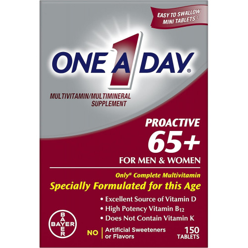 One A Day Proactive 65+, чоловічі та жіночі полівітаміни, добавка з вітаміном A, вітаміном C, вітаміном D і цинком для підтримки імунного здоров’я*, кальцієм, фолієвою кислотою тощо, таблетка 150 шт.