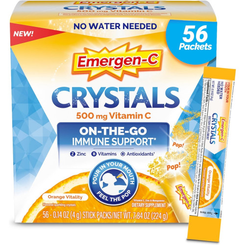 Emergen-C Crystals, добавка для імунної підтримки On-The-Go з вітаміном C, вітамінами групи B, цинком і марганцем, Orange Vitality - 56 пакетів стіків