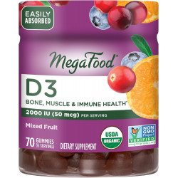 MegaFood Vitamin D3 Gummies 2000 МО (50 мкг) - вітамін D Gummies зі змішаним фруктовим смаком, добавка для підтримки кісток, м’язів та імунітету, вегетаріанська, без глютену, USDA Organic – 70 Gummies, 35 порцій