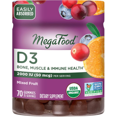 MegaFood Vitamin D3 Gummies 2000 МО (50 мкг) - вітамін D Gummies зі змішаним фруктовим смаком, добавка для підтримки кісток, м’язів та імунітету, вегетаріанська, без глютену, USDA Organic – 70 Gummies, 35 порцій