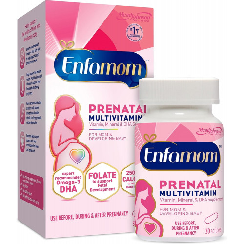 Enfamil Enfamom Prenatal Vitamin & Mineral, добавка для жінок з кальцієм, вітаміном D, вітаміном C, Омега 3 DHA, 30 м’яких капсул (запас на 1 місяць)