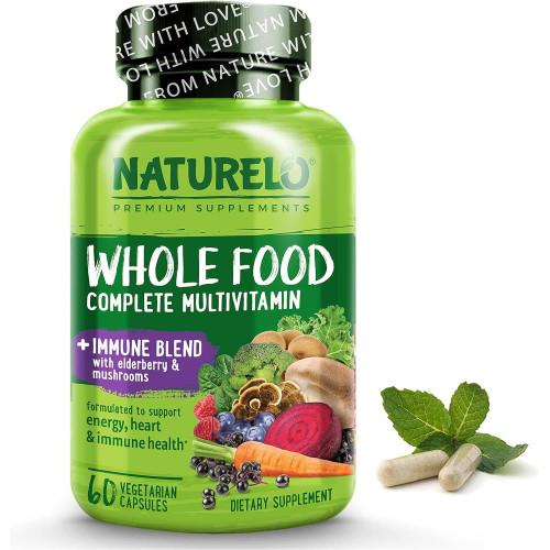 NATURELO Whole Food Multivitamin + Immune Blend with Elderberry & Mushrooms - Комплексний полівітамін з додатковою підтримкою імунітету - C, D3, цинк, бузина, рейші, шитаке - 60 веганських капсул