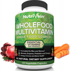 Мультивитамины Nutrivein Whole Food — полноценные ежедневные витамины для мужчин и женщин из натуральных цельных продуктов, настоящих сырых овощей, фруктов, комплекса витаминов E, A, B — 30-дневный запас (120 капсул, четыре в день)