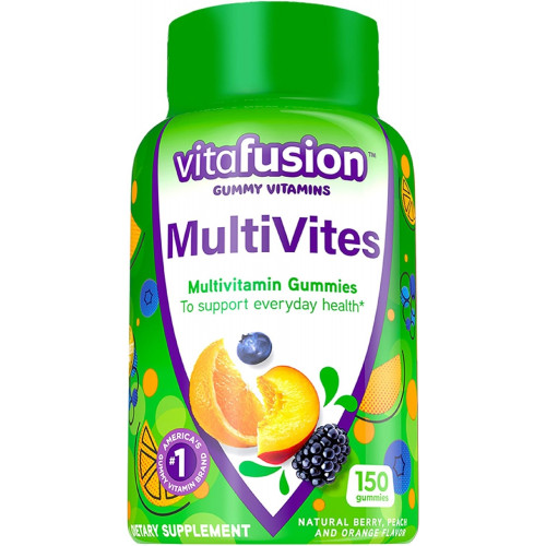 Vitafusion MultiVites Жевательные мультивитамины для взрослых с 12 витаминами и минералами, со вкусом ягод, персика и апельсина, марка жевательных витаминов номер 1 в Америке, запас на 75 дней, 150 шт.