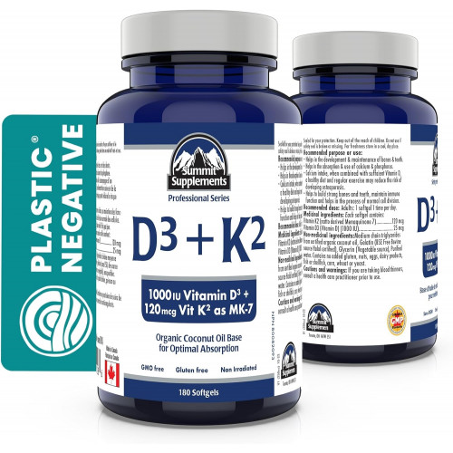 Summit Supplements Vitamin D3 K2, 180 капсул - D3 (1000 МО-25 мкг) + K2 (120 мкг) - Протестовано третьою стороною - розроблено та виготовлено в Канаді