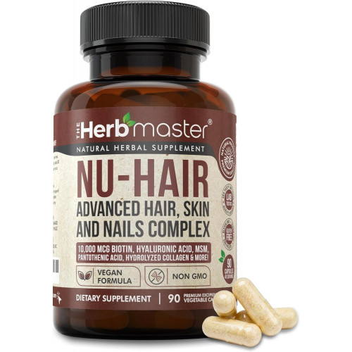 Нора Росс Herbmaster Nu-Hair | Продвинутый веганский витамин для волос, кожи и ногтей | Витамины для роста и выпадения волос для женщин | 10 000 мкг биотина, коллагена, кератина, МСМ, гиалуроновой кислоты.