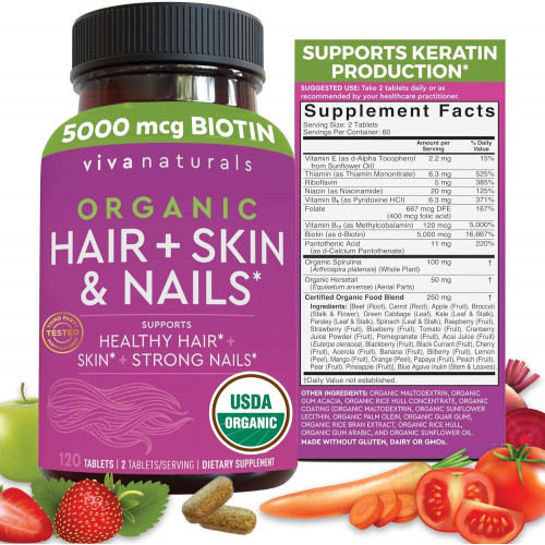 Возможно, вы имели в виду: Organic Biotin Vitamins for Hair Skin and Nails Health Support - Vegetarian-Friendly Hair Skin Nails Vitamins for Women with Vitamin E & Biotin 5000 mcg to Help Produce Keratin - 120 Biotin Supplement