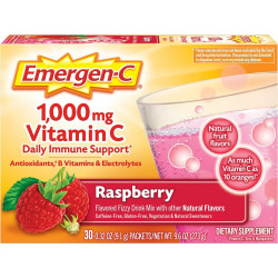 Emergen-C 1000 мг порошку вітаміну С, з антиоксидантами, вітамінами групи В та електролітами, добавками для зміцнення імунітету, сумішшю газованих напоїв без кофеїну, малиновим смаком - 30 штук на 1 місяць