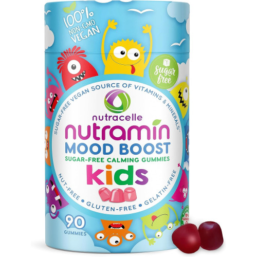 NUTRAMIN Kids Mood Boost Vitamin Gummy: вкусная и успокаивающая добавка с цитратом магния для детей с антистрессовой смесью ашваганды и комплекса витаминов B — без сахара, гипоаллергенная, веганская, 90 карат