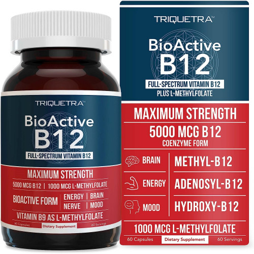 BioActive Витамин B12 — 5000 мкг, содержит 3 биоактивные формы B12 плюс кофактор метилфолата — метил B12, аденозил B12 и гидрокси B12 | Поддерживает энергию, обмен веществ и настроение | Веганский, без ГМО (60 порций)