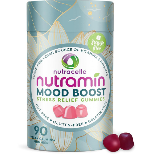 Nutracelle Nutramin Mood Boost полівітамінний гум-смачний і смачний антистресовий магній Ashwagandha Gummies + B Складні вітаміни-без цукру, веганські, без глютену, безпечні алергії (90 число)