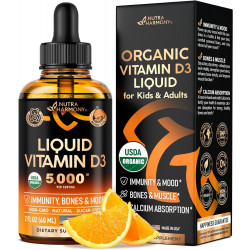 USDA Organic Vitamin D3 Liquid - 5000 МО Краплі вітаміну D - Зроблено в США Добавки - Для дітей і дорослих, вагітних і дітей безпечно - Імунна система, настрій, здоров'я кісток і підтримка м'язів - 2 місяці