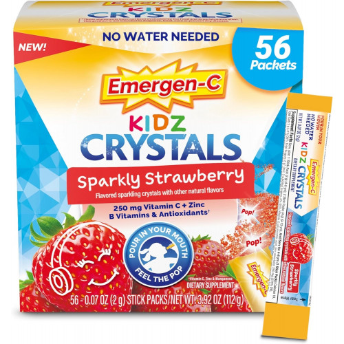 Emergen-C Kidz Crystals, добавка для поддержки иммунитета Emergen-C, которую можно взять с собой, с витамином С, витаминами группы В, цинком и марганцем, блестящей клубникой — 56 пакетиков в стиках