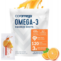 Coromega Omega 3 Fish Oil Supplement, 650 мг Омега-3 з 3-кратним кращим поглинанням, ніж м’які капсули, зі смаком апельсина, 120 одноразових пакетиків для віджимання