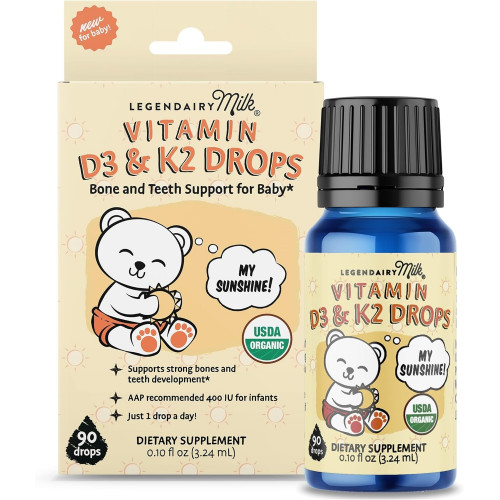 Legendairy Milk Organic Baby Vitamin D3 K2 Liquid Drops, 400 МО дитячого вітаміну D Drops для немовлят з K2 Drops, Вітамін D Drops для новонароджених, дітей молодшого віку та дітей, Vegan, 90 Drops Liquid