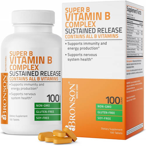 Bronson Super B Vitamin B Complex уповільненого вивільнення (вітамін B1, B2, B3, B6, B9 - фолієва кислота, B12) Містить усі вітаміни групи B 100 таблеток